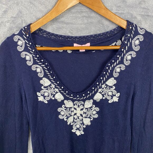 Lilly Pulitzer April Navy Blue Embroidered Tunic Sweater Top Size Medium Wool - Picture 2 of 7